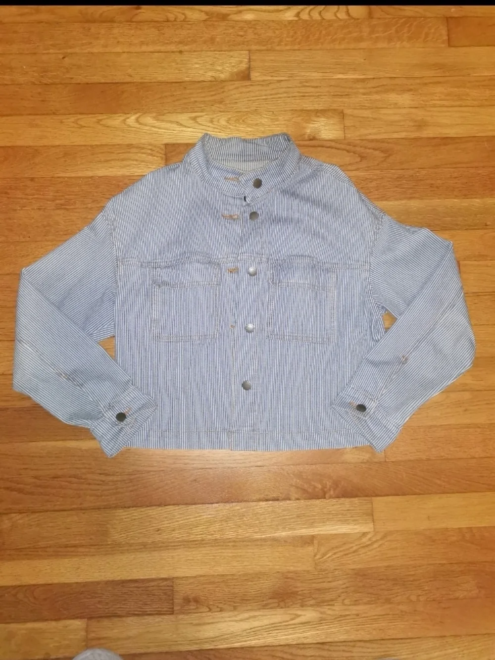 Universal Thread Striped Button-Front Cropped Jacket in Light Blue and White